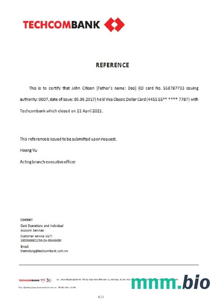 Przykład odniesienia do zamknięcia Wietnamu Techcombank w formatach Word i PDF